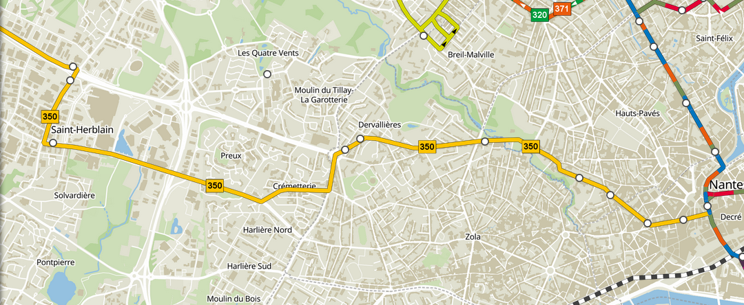 Tracé de la ligne de car 350 zoomée sur la métropole nantaise